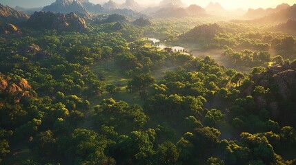 Fototapeta premium Aerial forest view, realistic, cinematic light, sharp focus.