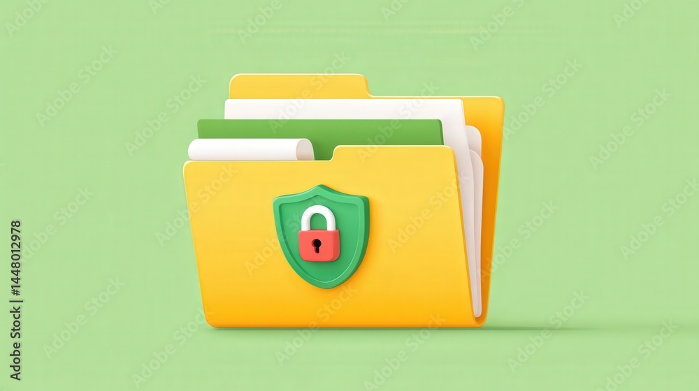 Poster a yellow file folder with a green shield and padlock symbol, representing secure and protected data,