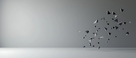 Gray room. Dark triangular shards floating abstractly in the right-hand corner of the space