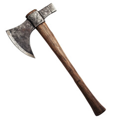 A well-crafted axe resting on a flat surface. The axe features a sturdy wooden handle, combined with a sharp steel blade and a well-maintained head