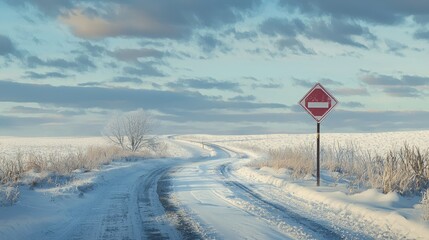 Winding snowy road with a stop sign.