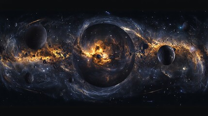 Breathtaking 360-degree equirectangular projection of deep space featuring a glowing nebula with scattered stars and cosmic dust.