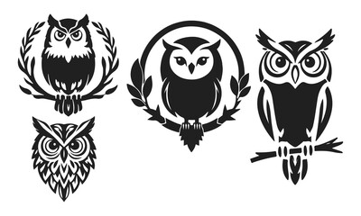 Owl logo set. Detailed drawing, strict look, symbol of wisdom, intelligence, protection, suitable for branding and design. Owl logo, tribal owl, vector owl, owl emblem