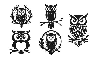 Owl logo set. Detailed drawing, strict look, symbol of wisdom, intelligence, protection, suitable for branding and design. Owl logo, tribal owl, vector owl, owl emblem
