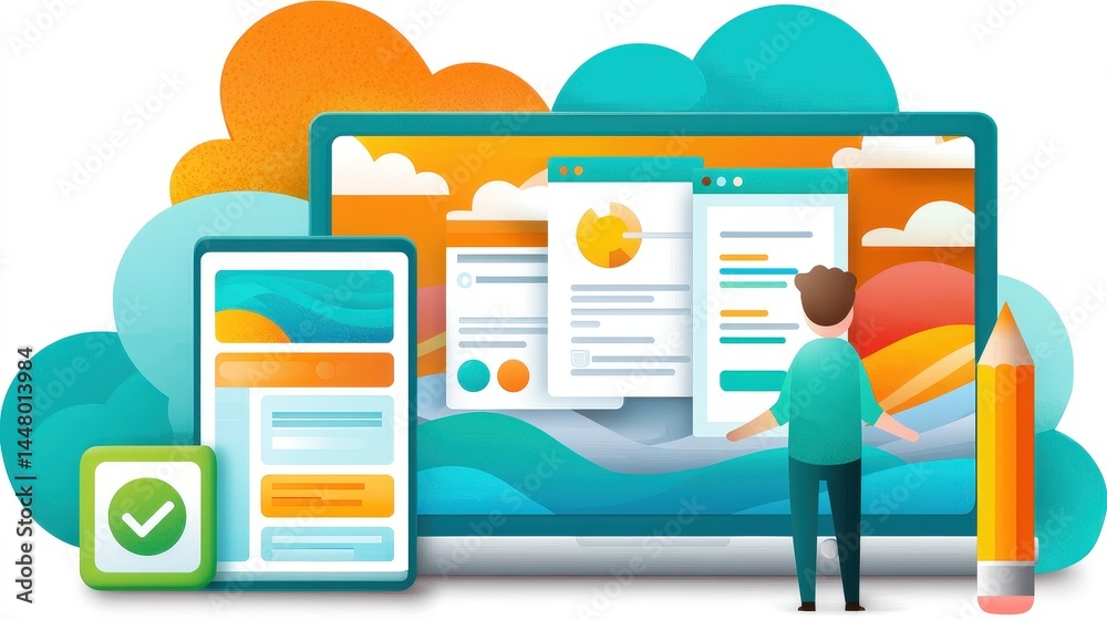 Poster a person interacts with digital devices, analyzing charts and data, representing web development, cl