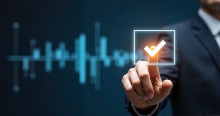 Businessman achieving success by checking off a box with a digital interface in a corporate setting