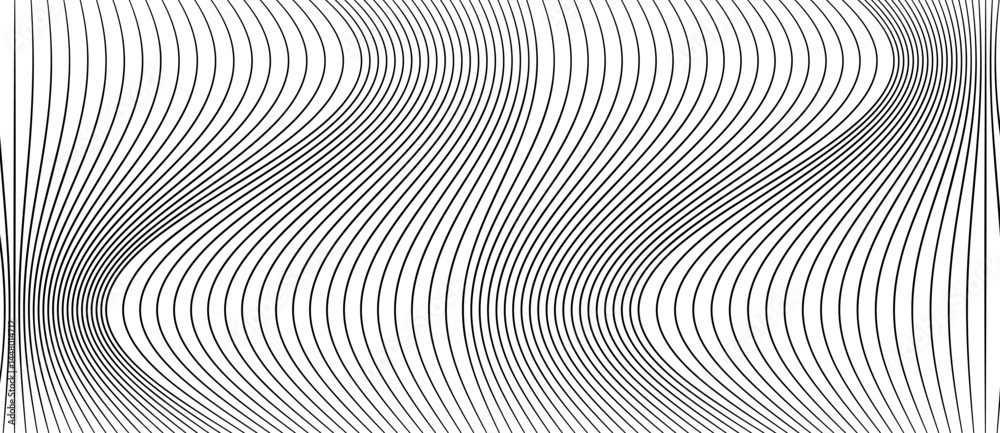 Poster Abstract background with waves lines. Illusion of dynamic transition. Black lines on a white background.