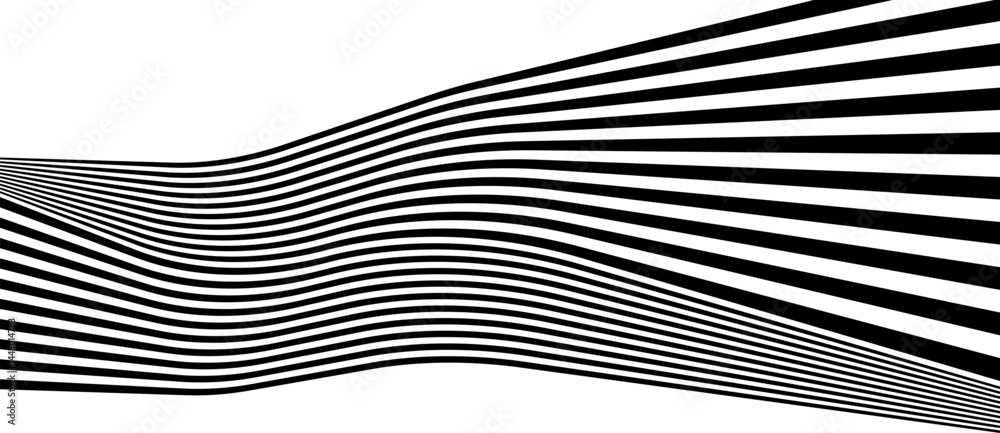 Poster Abstract background with waves lines. Illusion of dynamic transition. Black lines on a white background.