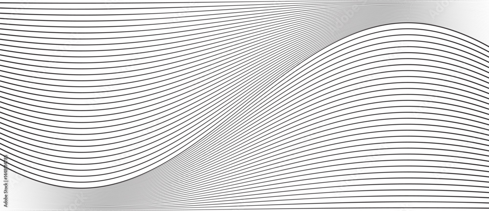 Poster Abstract background with waves lines. Illusion of dynamic transition. Black lines on a white background.