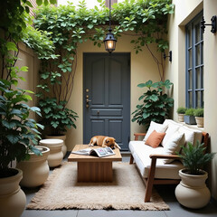 Cozy Courtyard Scene with Romantic Vintage Touches: Gray Door, Potted Greenery, Wooden Table with Magazines, Chandelier, and a Sleeping Puppy on the Sofa
