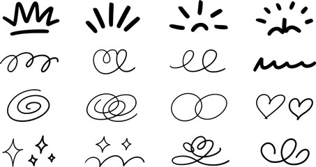 Simple hand drawn doodle elements set with various decorative design elements for creativity