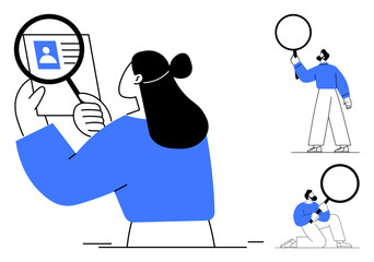 Woman views document closely with magnifying glass, while two others use different methods to investigate. Ideal for research, inspection, evaluation, discovery, learning, analysis, simple landing