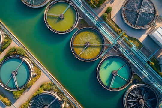 Sedimentation tanks at a water treatment plant display different hues as they process water under clear skies, revealing active operations Generative AI