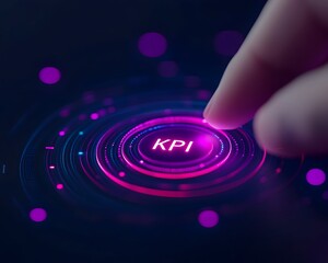 A finger presses a glowing KPI button on a futuristic interface