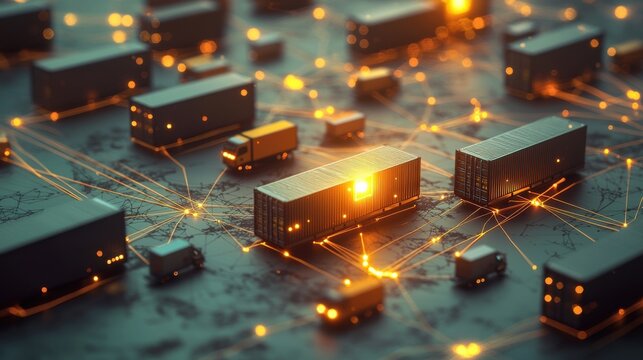 Glowing connection node, top-down view of interactive logistics dashboard
