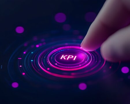 A finger presses a glowing KPI button on a futuristic interface