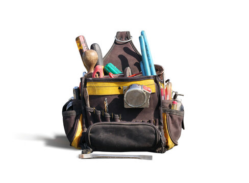 Isolated tool bag for handyman, carpenter, electrician or technician. Well-used tool kit or pouch for repair or installation. Assortment of screw drivers, measuring tape and crow bar. Selective focus.