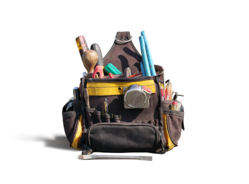 Isolated tool bag for handyman, carpenter, electrician or technician. Well-used tool kit or pouch for repair or installation. Assortment of screw drivers, measuring tape and crow bar. Selective focus.