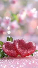 Obraz premium Two hearts, pink glitter, floral bokeh background