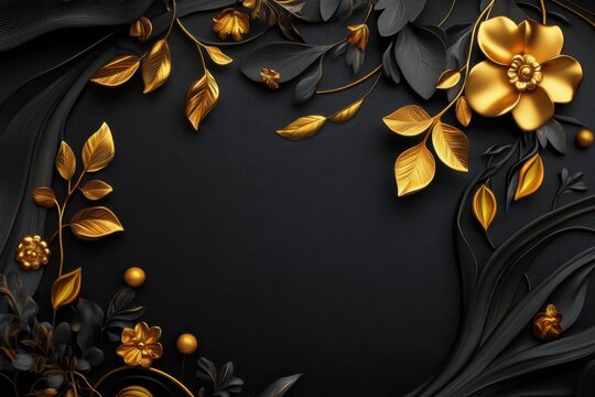 Fototapeta Thai decorative motif with floral and leaf elements, royal gold detail on black