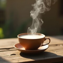 Steaming Cup on Wooden Table Outdoor Morning