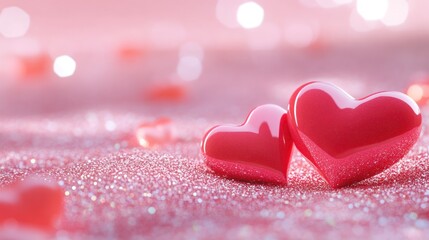 Obraz premium Two hearts, pink glitter, romantic background