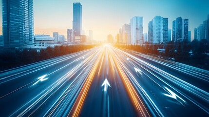 66. A futuristic cityscape with digital road arrows