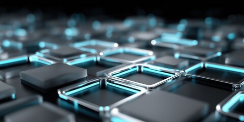 A close up of a computer screen with a blue and silver grid of squares. The squares are all different sizes and are illuminated. The image gives off a futuristic and technological vibe