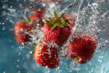 Bright red strawberries immersed in water, creating a dynamic and visually stunning splash.