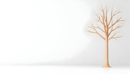 Obraz premium A minimalist depiction of a bare, light-brown tree standing against a stark white background, casting a shadow