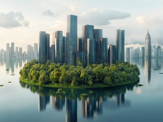 Fototapeta premium Serene cityscape on a lush island oasis surrounded by tranquil water reflecting the modern architecture and natural beauty in a peaceful urban landscape with soft light