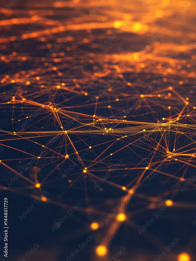 Poster abstract network connections with glowing nodes and lines creating a futuristic digital landscape fo