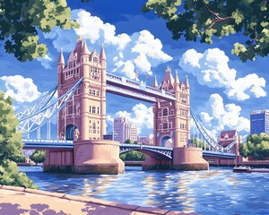 A picturesque portrayal of a famous London bridge on a sunny day, with the river reflecting the light and greenery framing the scene