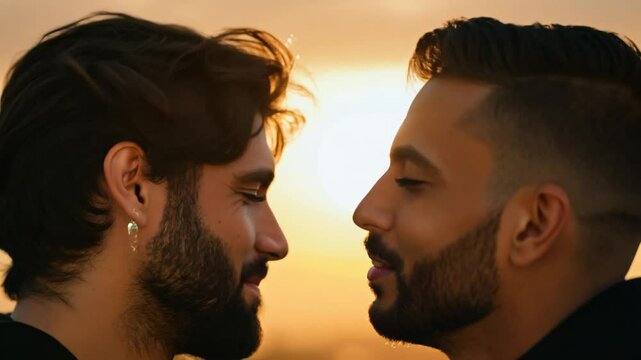 Close-up slow zoom video of two men kissing, one with espresso skin and thick beard, one with porcelain skin and stubble, radiant ruby lips glowing under warm backlight halo. Intimate romance concept