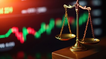 A brass balance scale in front of a blurred digital stock market chart, symbolizing finance and justice.