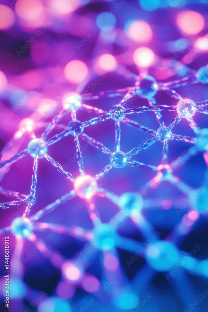 Poster molecular network structure with vibrant neon light illuminating interconnected nodes and lines crea