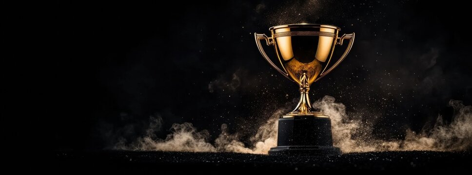 Golden champion cup with flames and falling confetti on dark background, symbolizing victory and celebration