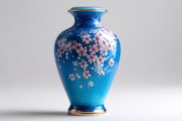 Elegant Blue Vase with Cherry Blossom Design on a White Background