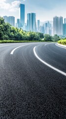 Obraz premium Urban road leading to modern city skyline with lush green trees under a bright blue sky creating a sense of adventure and travel destination