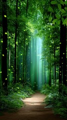 Obraz premium Lush forest path with bright sunlight rays
