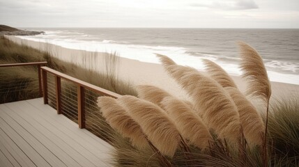 Minimalist beach villa with muted coastal landscape, embodying a serene aesthetic and soothing colors
