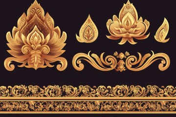 Thai motif illustration set including border, flower, swirl and decorative curve