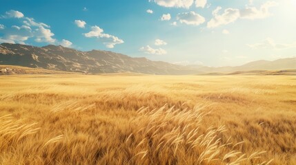 Obraz premium Expansive golden field stretching to mountains under a bright sky.