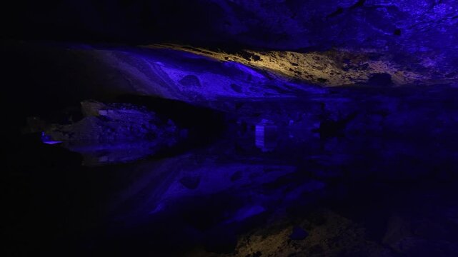 Interior Salt Mine in Hallstatt, Austria. Mountain limestone caves, Hallstatt, Austria. Interior of cave.  Travel concept. The oldest salt mine in the world. 