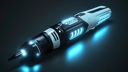 Futuristic Pen in Dark: This photograph showcases a sleek, futuristic pen with a glowing blue core, evoking a sense of advanced technology and innovation. 