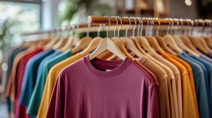 Obraz premium Vibrant t-shirts on hangers - print on demand concept for colorful apparel background at cloth store