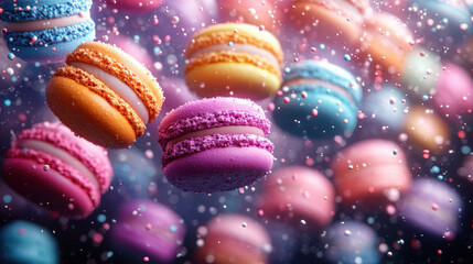 Obraz premium Stack brightly macarons rising, floating air. Sweet French sandwich cookies. Concept lightness