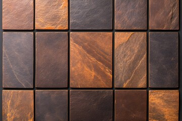 Naklejka premium Array of rectangular, earthy-toned stone tiles with varying shades of brown and orange, set against a dark background