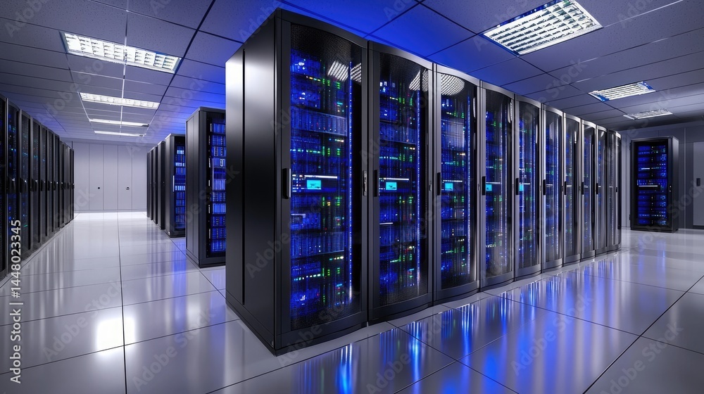 Poster futuristic server room with glowing blue lights and modern data center infrastructure, ideal for tec