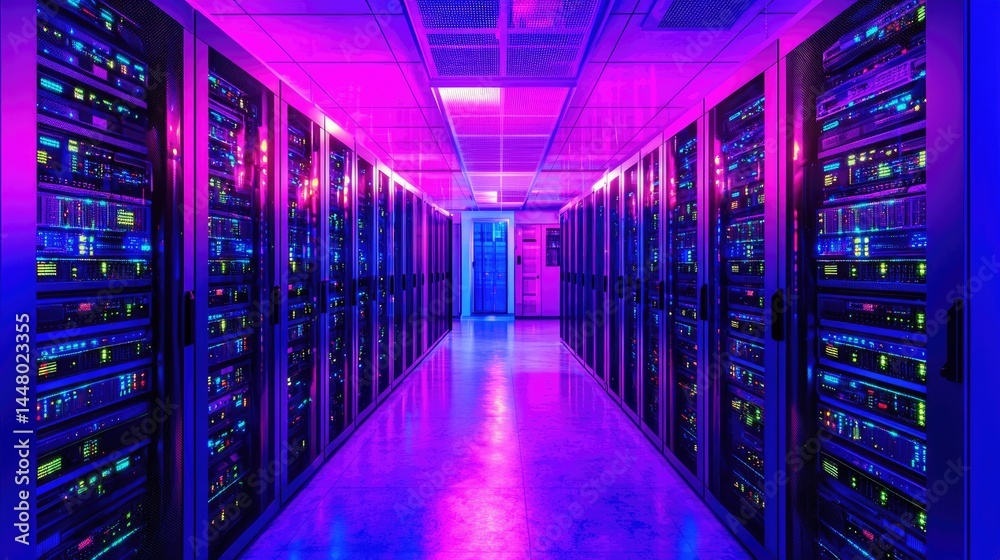 Poster purple-lit futuristic data center with glowing lights and modern servers, suitable for cloud environ